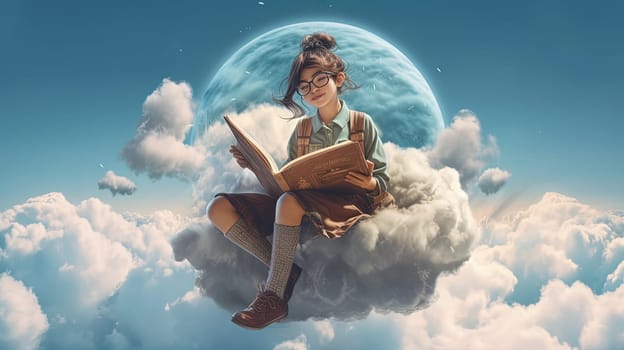 Schoolgirl reads the book in the sky, flying in her dreams and fantasies. Learning concept with little girl in the world of education. Generated AI