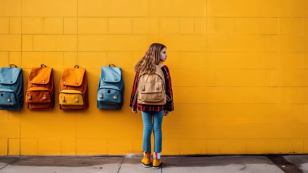 Schoolgirl standing by the wall. Colorful scene with girl with school backpack. Generated AI