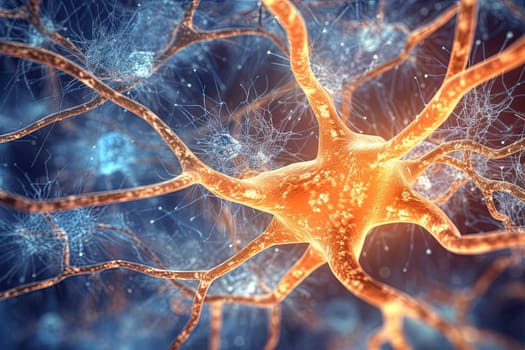 Science and medicine abstraction with neurons transmitting synapse signal. Neural system with impulse going through nerve cell. Generated AI