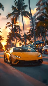 A sleek yellow Lamborghini Huracan is cruising down a tropical street at sunset, its headlights shining on the asphalt as palm trees line the road