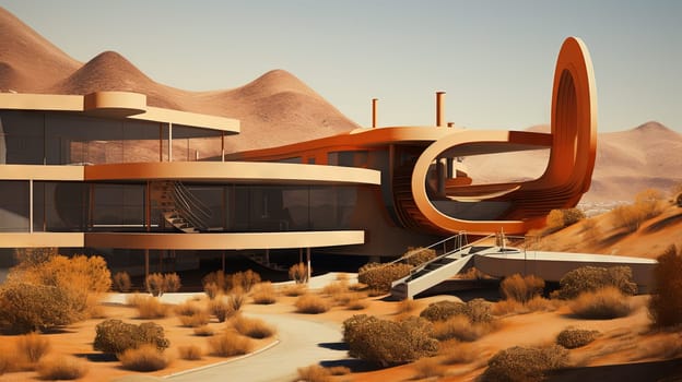 Retro futuristic architecture in sci-fi scene on the desert planet. Alien landscape with nostalgic retro future constructions. Generated AI