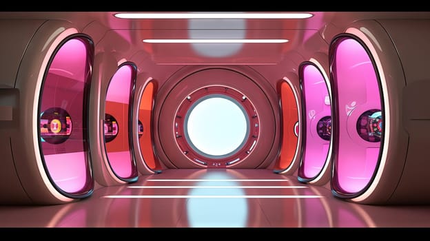 Spaceship or lab interior in retro futuristic sci-fi style with round doors. Generated AI