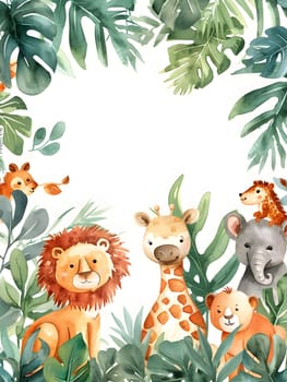Various organisms including a lion, giraffe, elephant, and bear are depicted in a jungle setting. The scene could be from a cartoon, illustration, painting, or Christmas ornament