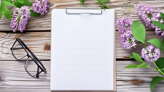 A clipboard with a note pad and glasses on top of wooden table