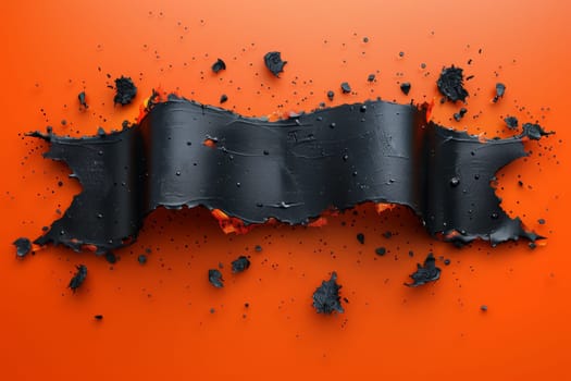 A black ribbon with a hole in it is on an orange background