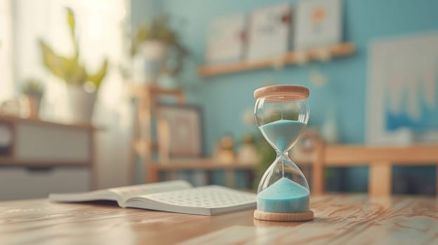 A sand timer on a table next to an open book