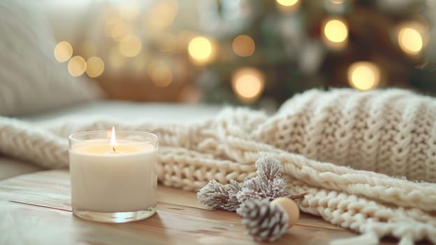 A candle sitting on a table next to some pine cones