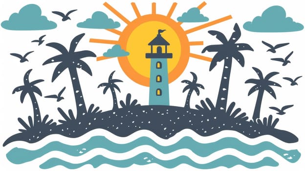 A lighthouse and palm trees on a beach with birds flying around