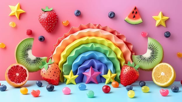 A colorful rainbow of fruit and candy on a pink background