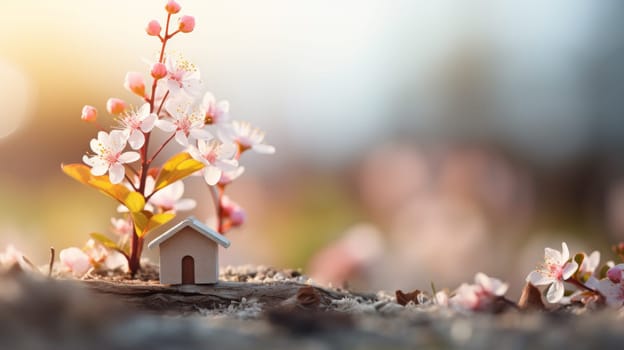 A small house with a flower in front of it on the ground