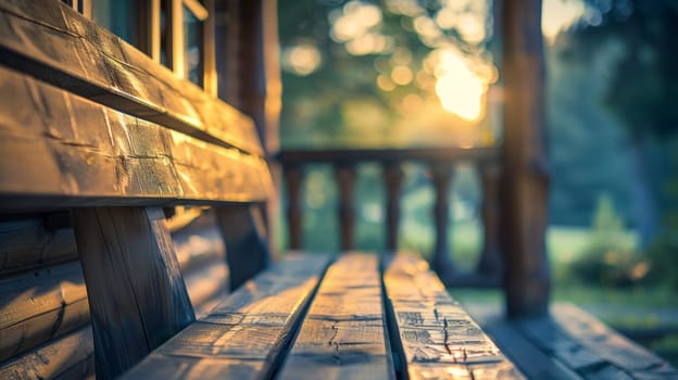 A close up of a wooden bench on the porch