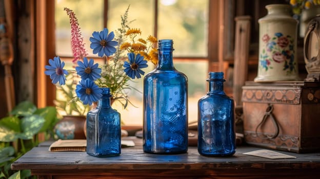 Three blue glass bottles on a table with flowers in them