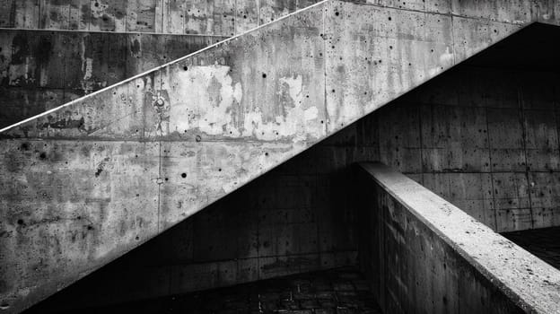 A black and white photo of a skateboarder on concrete stairs