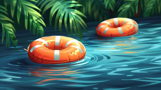 Two orange life preservers floating in a river near palm trees