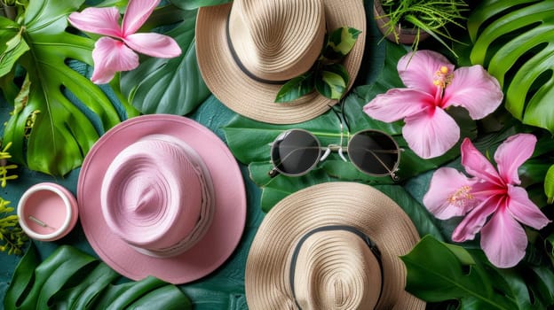 A group of hats and sunglasses are laid out on a green background