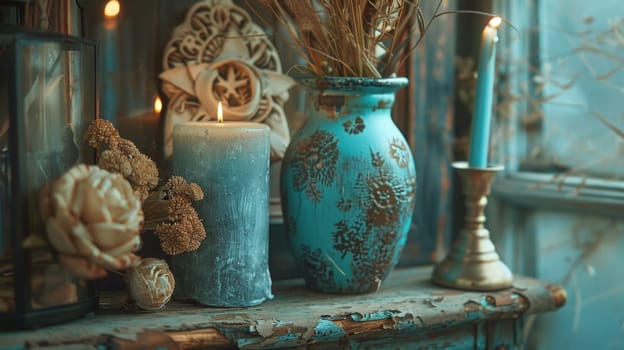 A candle and vase on a table with other items