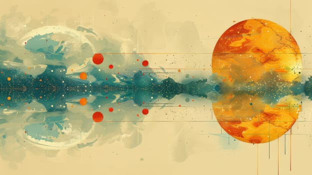A painting of an orange and a yellow orb with dots in the background