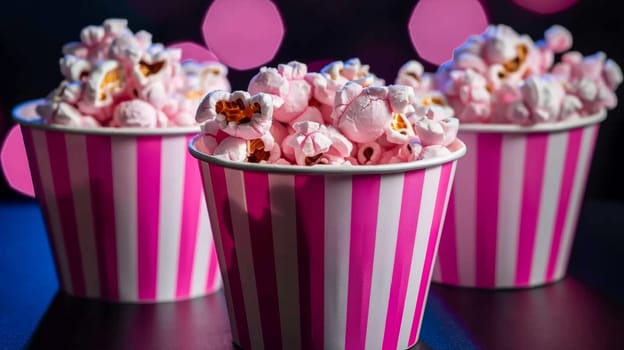 Three pink and white striped cups of popcorn on a table