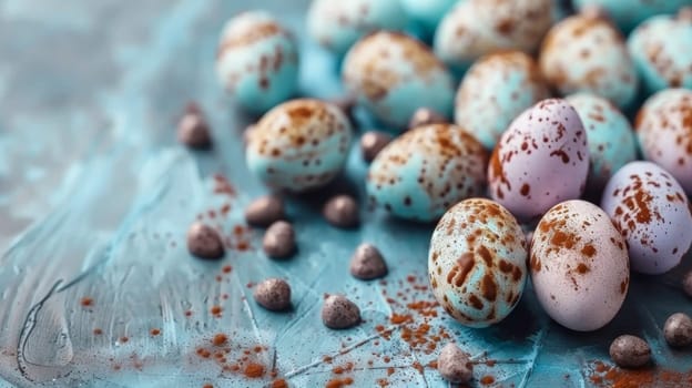 Easter eggs with chocolate and sprinkles on a blue surface