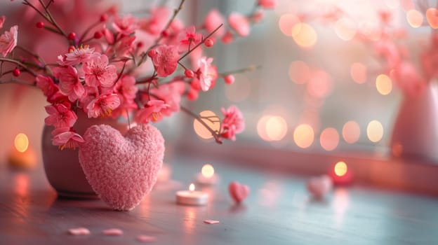 A heart shaped vase with pink flowers and candles on a table