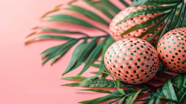 Three painted eggs on a palm leaf with green background
