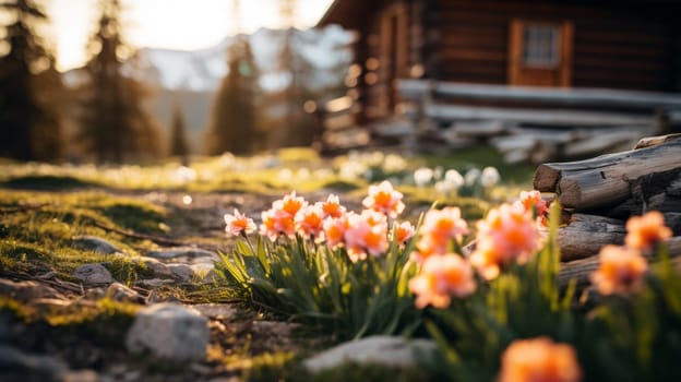 A field of flowers in front of a cabin with logs