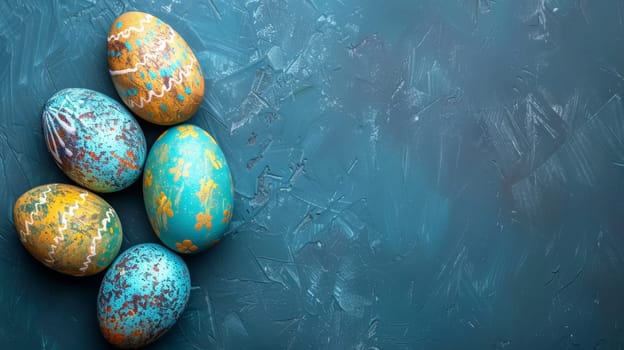 A group of painted eggs on a blue surface with top view