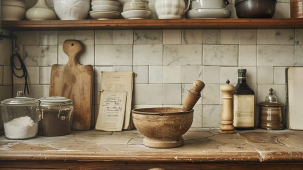 A mortar and pestle on a counter top with jars of spices