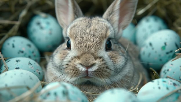 A rabbit sitting in a nest of blue eggs with other rabbits