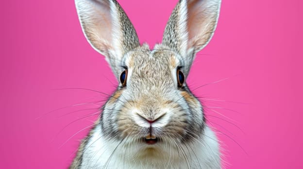 A rabbit with a big smile on its face against pink background