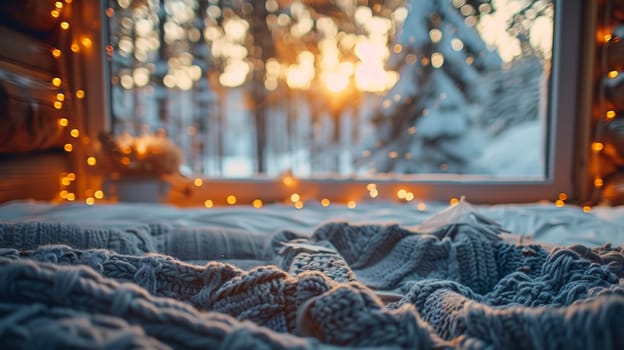 A blanket on a bed with lights shining through the window