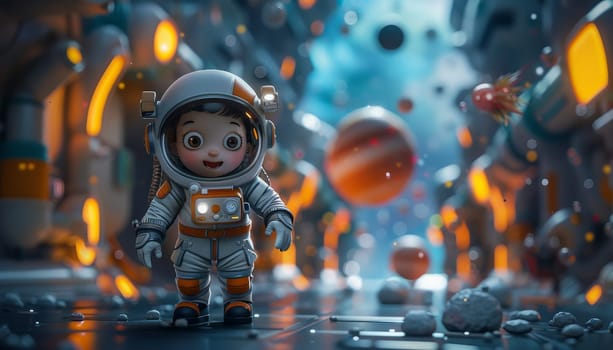 A cartoon astronaut is standing in front of a pile of planets by AI generated image.