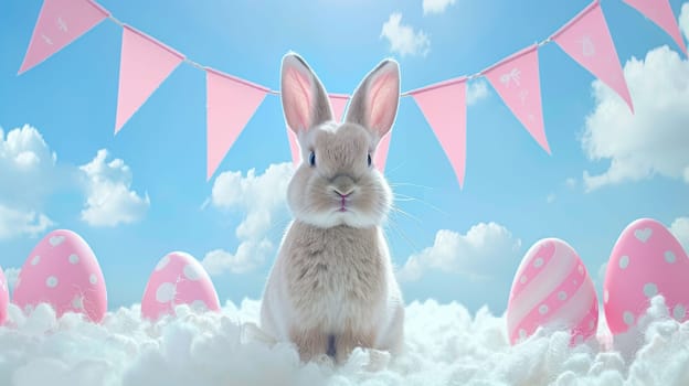 A bunny sitting in the clouds with pink and white bunting