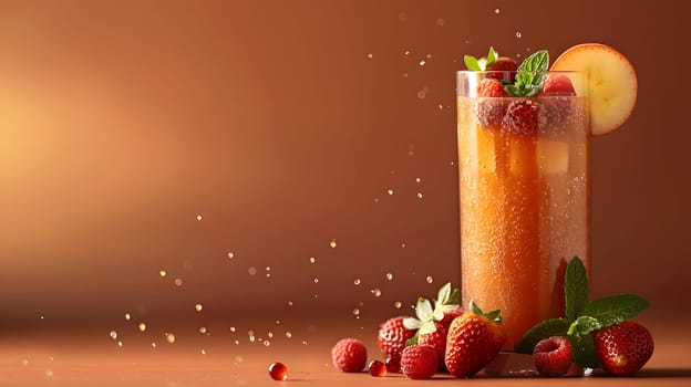 A refreshing cocktail made of liquid orange juice mixed with strawberries and apples, served in a glass on a table with natural foods and plant ingredients