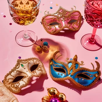 Three colorful masquerade masks with two crystal glasses and scattered confetti on a pink background with hard shadows, close-up side view.