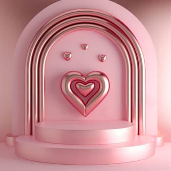 Beautiful delicate background with a decorative stand and shiny hearts on pink, side view close-up.