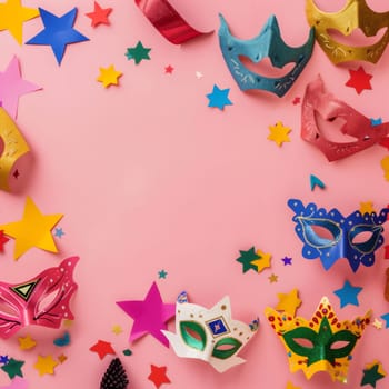 Homemade colorful masquerade mask, paper stars, tinsel and scattered confetti lie in a round frame on a pink background with copy space in price, flat lay close-up.