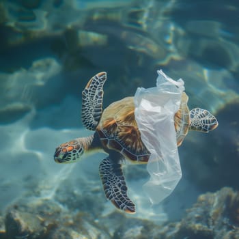 One turtle with a plastic bag on its shell swims in the ocean, flat lay close-up.