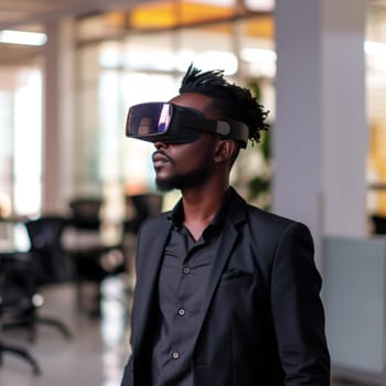 Portrait of a handsome African male businessman in a black suit with virtual reality glasses standing half-sided in the office, close-up side view.