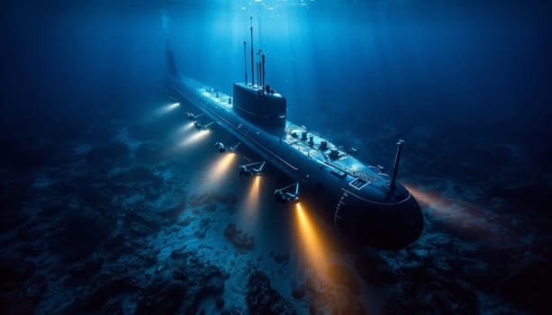 A submarine is floating in the ocean with a bright orange color by AI generated image.