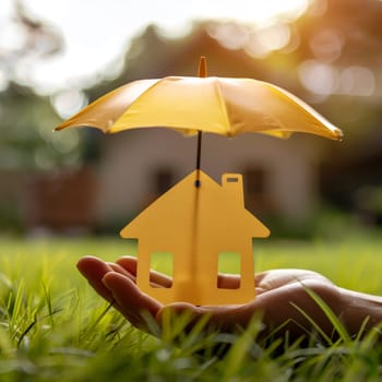 One unrecognizable Caucasian man with no face holding a yellow paper house in one hand with an umbrella on a green lawn with a blurred building in the distance in the early morning, close-up side view.