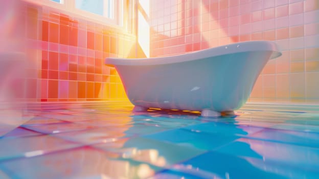 A bathtub sitting on a colorful tiled floor in front of the window
