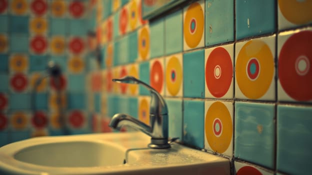 A sink with a faucet and colorful tiles on the wall