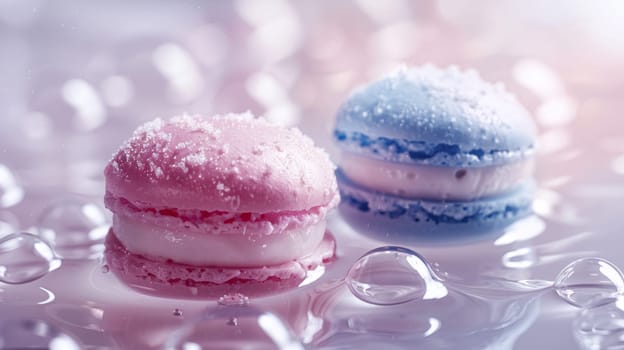 Two macarons are sitting on top of a liquid substance