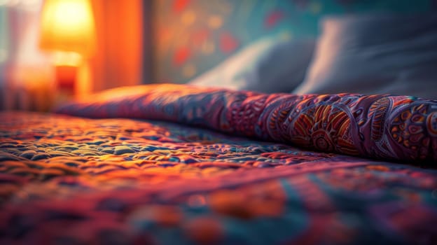 A bed with a colorful blanket and pillows on it