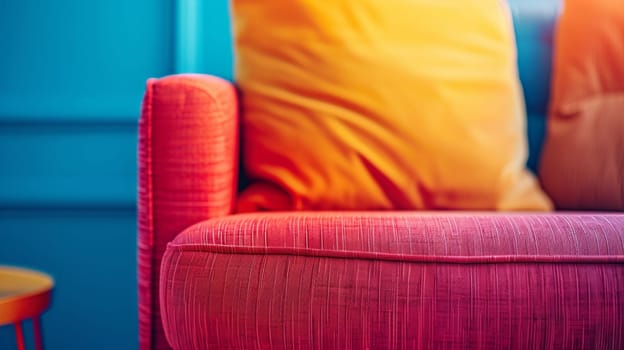 A close up of a colorful couch with pillows and an orange table