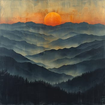 Hazy silhouette of mountains against a sunset, capturing serenity and vast landscapes.