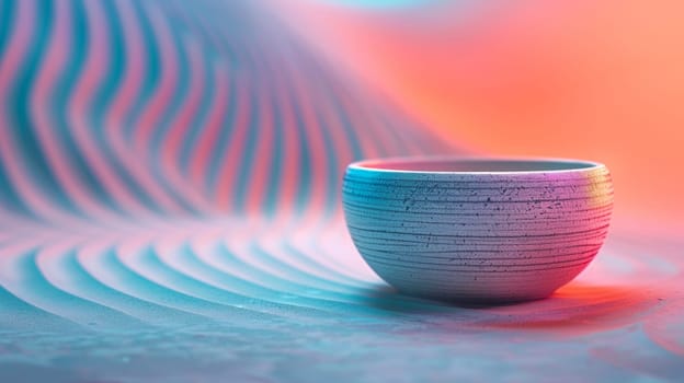 A cup sitting on a colorful background with waves in the foreground