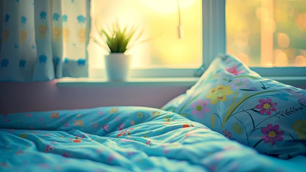 A bed with a pillow and plant on it next to the window