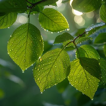 Glossy rain-soaked leaves in a forest, capturing freshness and nature after rain.